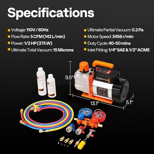 1/2HP 5CFM Air Vacuum Pump 2 Stage & Manifold Gauge Set HVAC AC Refrigerant Kit - Picture 2 of 7