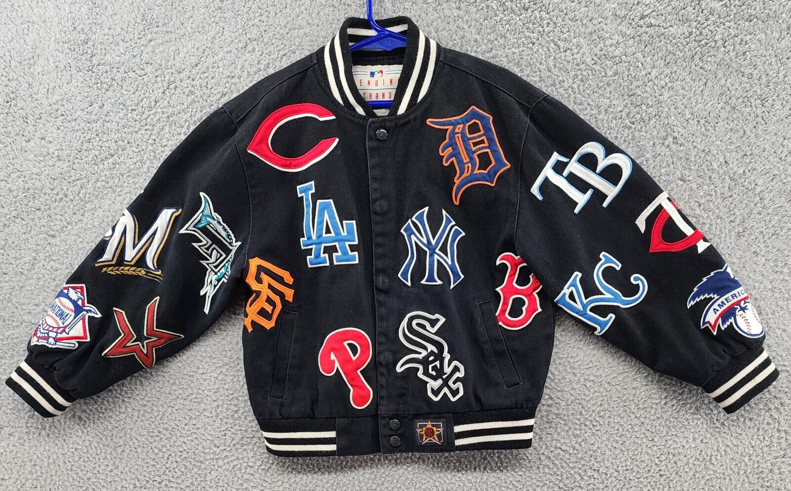 JH Design MLB Baseball All Over Team Logo Jacket Kids Size Small 5 6 Black  Coat