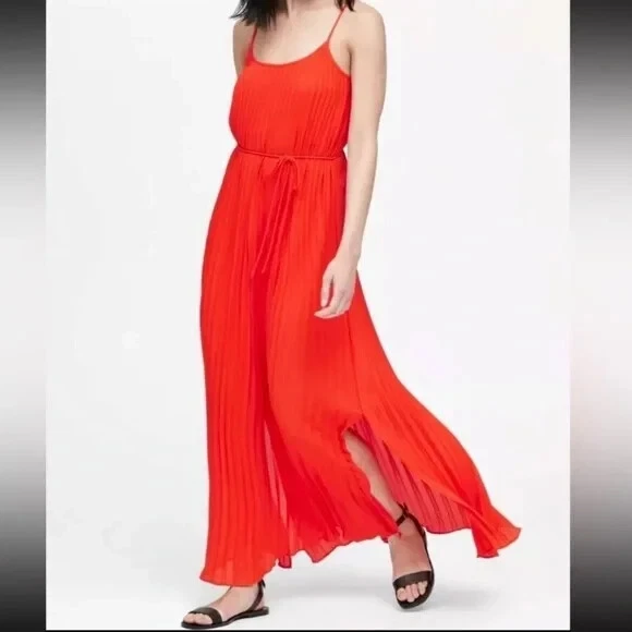 Banana Republic Orange Red Pleated Slip On Cami Maxi Dress eBay