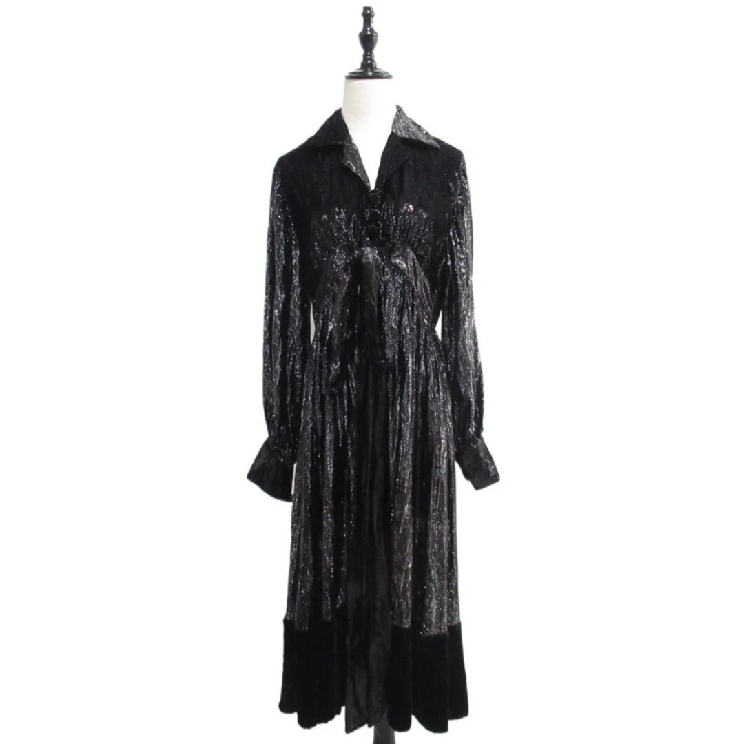 Robe chemise GUCCI velours brillant ruban cravate noir femme élégante Japon taille 38