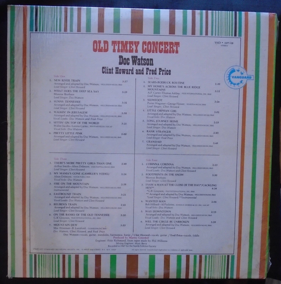 DOC WATSON, CLINT HOWARD & FRED PRICE, Old Timey Concert USA New Sealed 2LP - Image 2 of 2