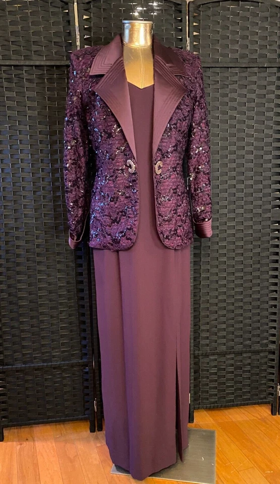 TRAJE FORMAL LILLIE RUBIN púrpura vintage años 80 VESTIDO 10 largo chaqueta con cuentas MobWife Foto 3 de 4