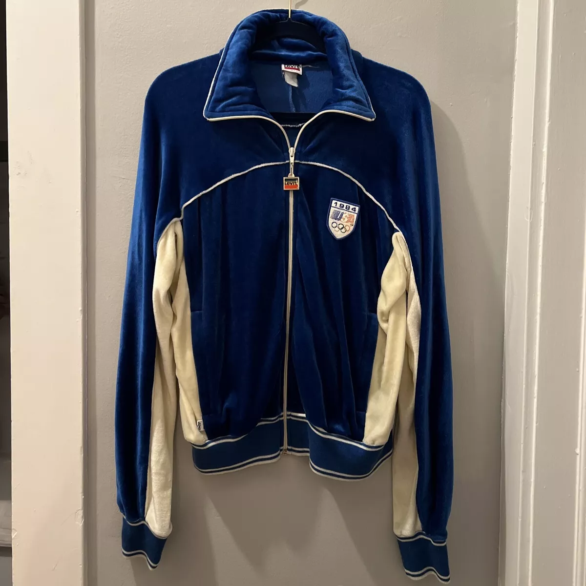 Vintage LEVIS 1984 Olympic Games Zip Up Velour Track Jacket USA Cobalt Blue