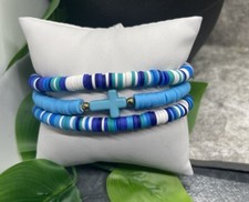 3 PC Set Heishi 7  Plus Stretch Bracelet Polymer Clay Beads Cross B3080