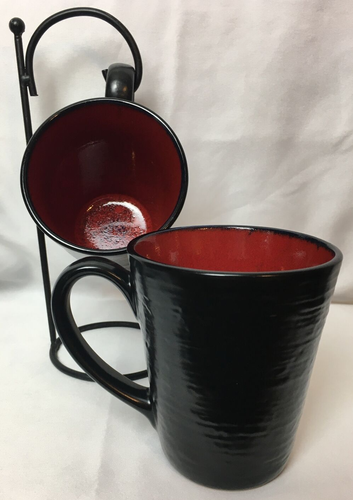 Red Solstice by Home Coffee Tea MUG 4 3/8" Black Outside w/ Red Inside ~ SET 2