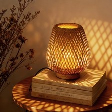 Table Lamp with Double Layer Woven Shade Wood Base,Desk Bedside Small Lamps w...