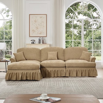 L-Shape Sectional Sofa with Ottoman, Light Coffee Chenille, 3-Seater