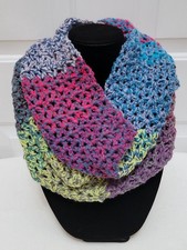New 65" Cowl Infinity Scarf - Gray Blue Multi V Stitch Pat. Handmade Hand Knit