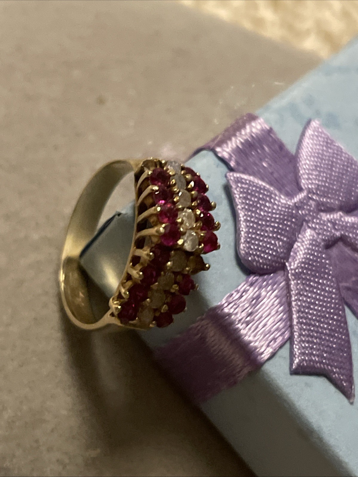 14K Yellow Solid Gold Diamond & Ruby Pyramid Vint… - image 2