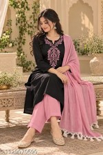 3 PCS  Floral Black Printed Kurta Pant Dupatta Set For Women Pure Cotton Gift