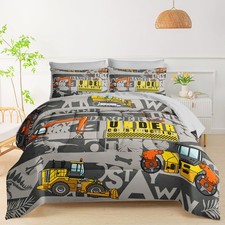 7 Pieces Construction Kids Comforter Set for Boys Girls Full Size Grey Cartoo...