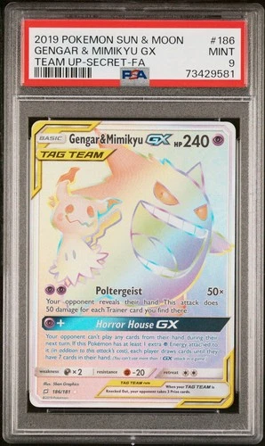 Pokémon Gengar & Mimikyu GX (Secret) 186/181 Sm-Team Up Holo PSA 9