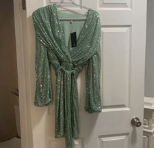 Green Sequin V-Neck Long Sleeve Wrap Mini Dress Party Clubwear