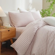 Gingham Duvet Cover King Size Pink White Plaid Checkered Comforter Cover 3 Pc...