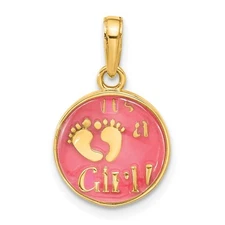 14k Yellow Gold Polished Pink Enamel and Clear Epoxy Resin It's A Girl Pendant