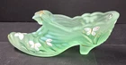 Vintage Fenton Green Satin Glass Cathead Slipper 95Th Anniv. Handpainted/Signed