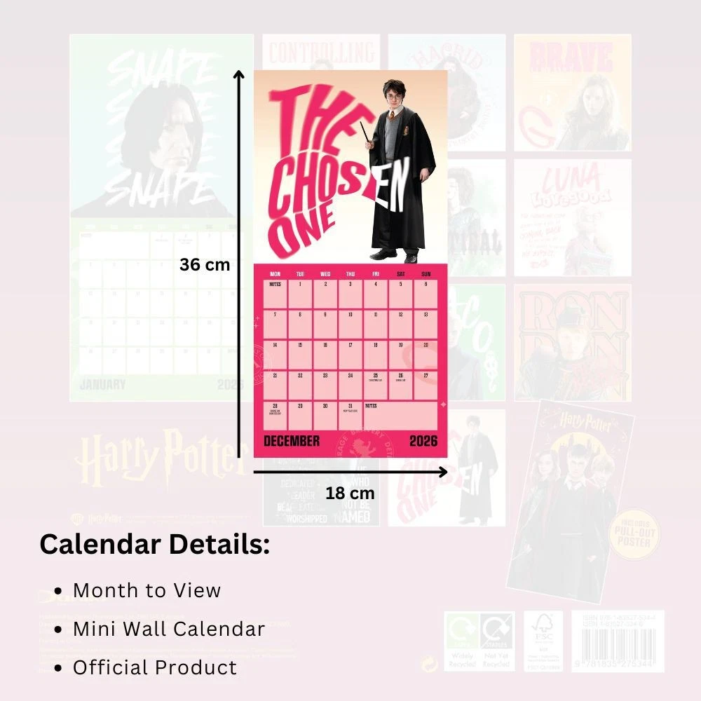 2026 Harry Potter Vertical Wall Calendar Monthly View