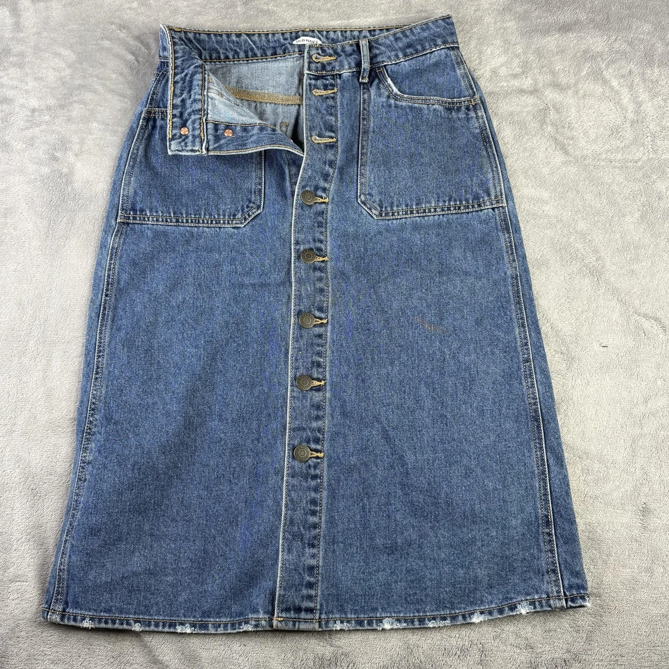 Antigua Falda Azul Marino Para Mujer 0 Azul Denim Botón Frontal Bolsillos Midi Dobladillo Crudo 100% Algodón Foto 4 de 4