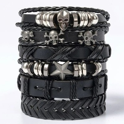 6PCS Punk Skull Star Leather Bracelet Set Unisex Adjustable Gothic Wristband 