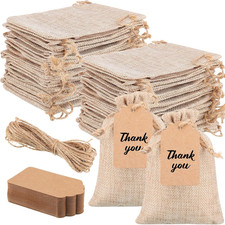 100 Pcs Drawstring Burlap Gift Bags 4X6 Inch with Tags, Light Brown