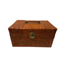 Vtg Hand Tooled Leather Train Case Cosmetic Jewelry Mexico Western w/ Key