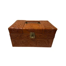 Vtg Hand Tooled Leather Train Case Cosmetic Jewelry Mexico Western w/ Key
