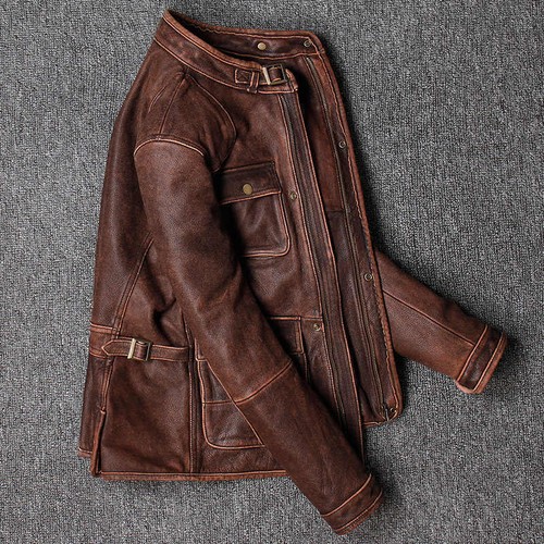 Chaqueta de Cuero de Vaca Marrón Envejecido de Motocicleta para Hombre Biker Cafe Racer Vintage - Imagen 2 de 6
