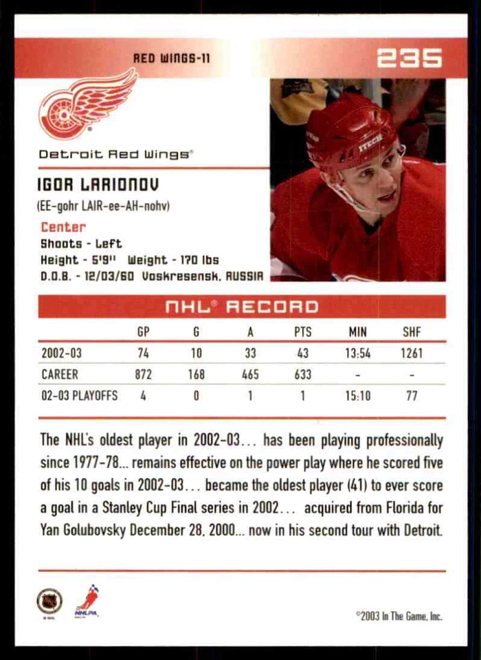 2003-04 In The Game Action Igor Larionov #235 - Image 2 of 2