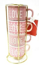 4 STACKABLE COCO LOLA PINK HEARTS,"LOVE" ESPRESSO CUP,MUG GOLD METAL STAND,RACK 