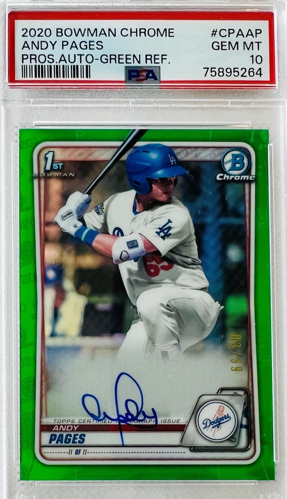 2020 Bowman Chrome Andy Pages 1st Bowman Auto Green Refractor #/99 PSA 10 💎