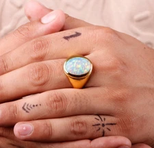 White Opal Men's Ring, Gold Plated Sterling Silver Ring, Engagement Ring For Men