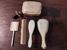 Vintage 1920's Ivory Celluloid 6 Piece Baby Hair Brush Comb  Soap Dish Set   YO