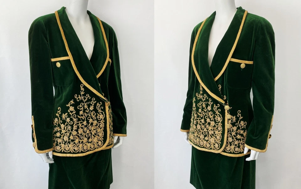 Chaqueta Falda Vintage Chanel Couture 1990 1991 Terciopelo Verde Dorado Bordado RARA Foto 3 de 4