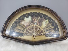 RARE GOLD LACE Antique Victorian fan wood frame glass cherub garden angel scene