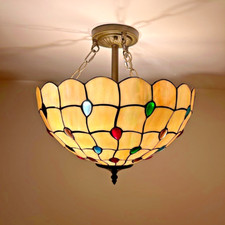 Tiffany Style Ceiling Lights Gold Stained Glass Crystal Beans 16"H 16"W 16"D