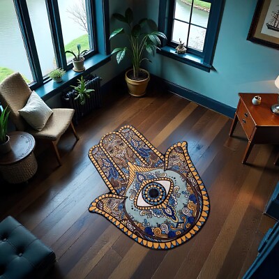 Hamsa Hand Rug Evil Eye Carpet Irregular Shape Fatima Boho Spiritual Decor Mat