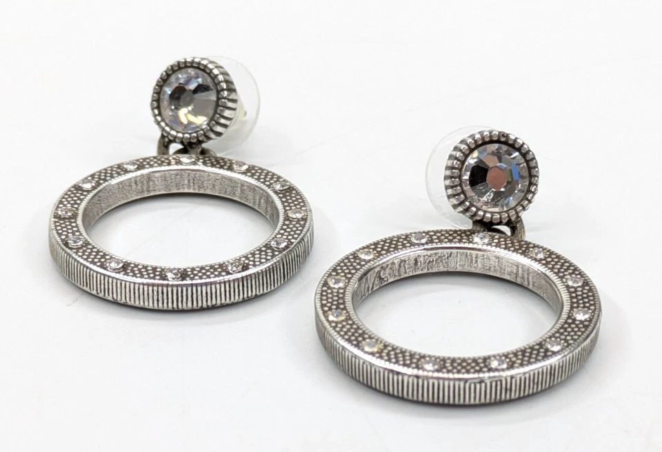 Brighton "Starburst" Hoop Rhinestone Drop Pierced Earrings Silver Plated 1.5" - Image 2 of 4