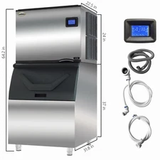 500lbs/24H Commercial Ice Maker Machine 1201W SECOP Compressor Large Storage Bin