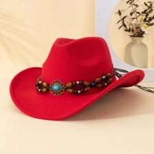 Red Cowboy Cowgirl Hat Wide Brim, Brown Bead Strap, Retro Western Look