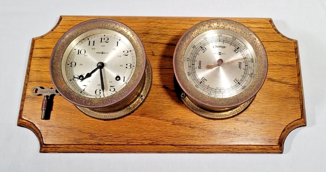 HOWARD MILLER VINTAGE SOLID BRASS SHIPS BELL CLOCK & BAROMETER With KEY & PLAQUE