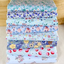 8pc Sewing Craft Blue Floral Cotton Quilt 10" Square Fabric Remnants Bundle DIY