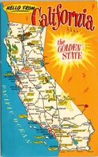 Hello From California the Golden State, Pacific Ocean Map Postcard c1970