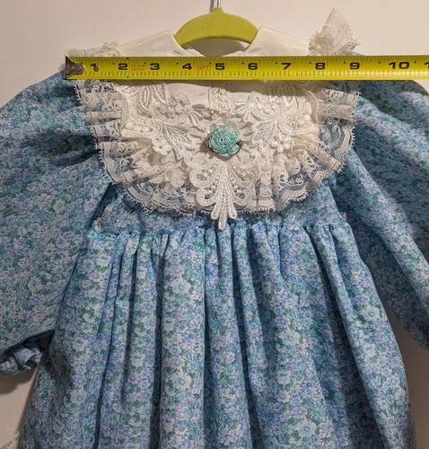 Vintage Handmade Girls 2t Blue Gingham Puffy Sleeve Twirl Dress Fancy Lace Trim - Picture 5 of 10