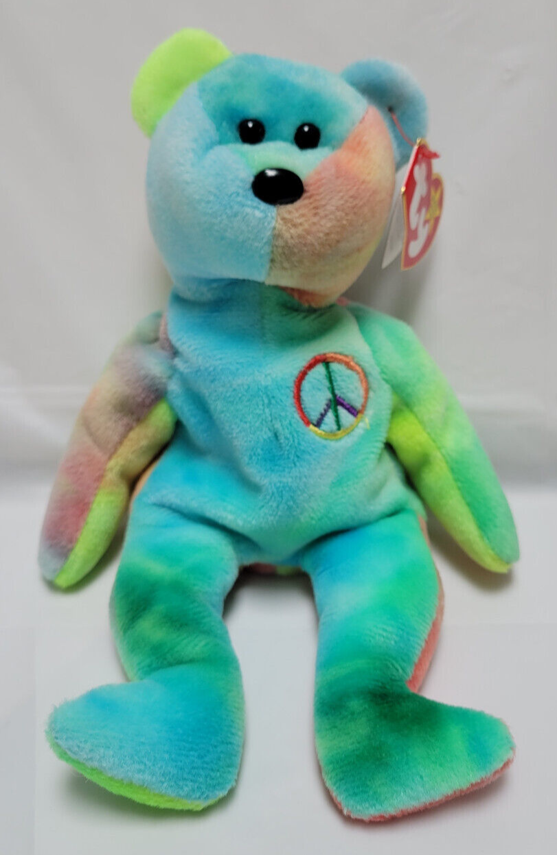 Ty Beanie Baby 1996 PEACE Tie Dyed Bear Peace Sign-1 Green Ear/1 Blue ...