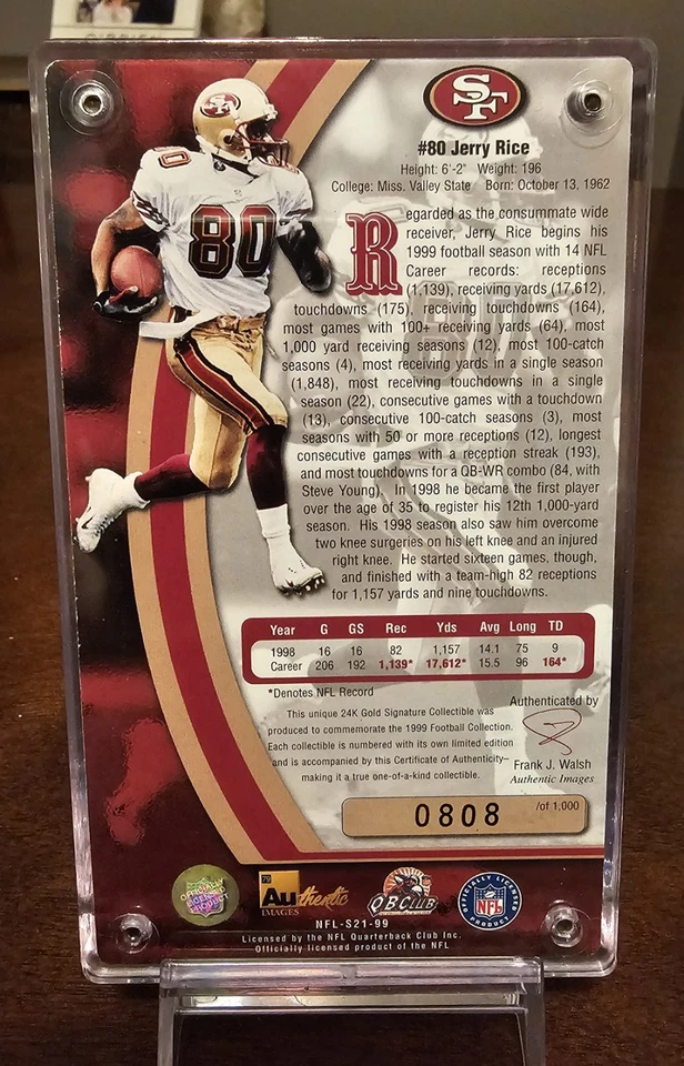 Jerry Rice 1999 Authentic Images Gold Signature series #0880/1000 49ers - Image 2 of 4