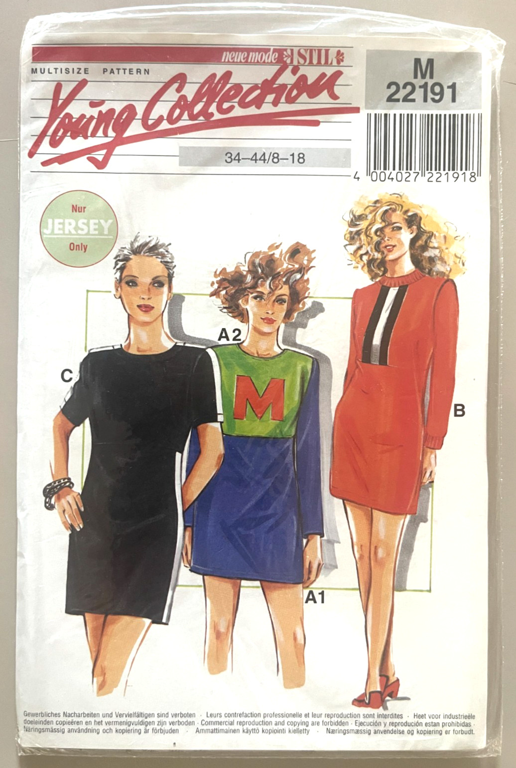 1980's Neue Mode Stil Misses' Jersey Dress Pattern M22191 Size 8-18 UNCUT