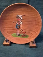Vintage Hand Painted Wooden Plate Little Boy with Toy Horse