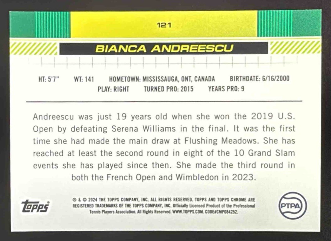 2024 Topps Chrome Bianca Andreescu Refractor Superfractor #1/1 view 2