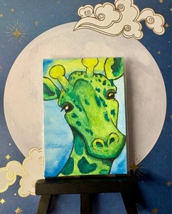 Green Glowing Alien Giraffe ACEO Original Painting Art Card by Kaysha Lacy