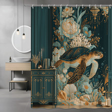 Sea Turtle Floral Shower Curtain, Teal and Gold Ocean Print
